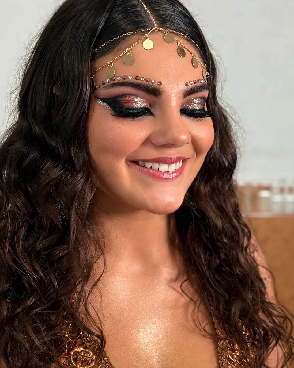 Bailarina de boato con la mirada ahumada en cobre, brillo en el párpado y una cadena de monedas en la frente